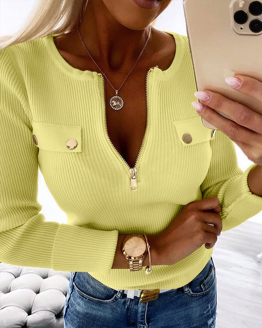 Round Neck Zipper Design Knit Sweater