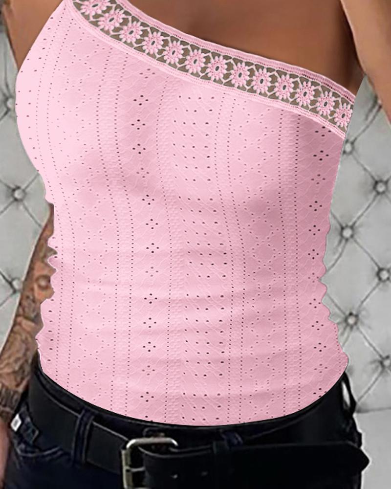 One Shoulder Lace Patch Eyelet Embroidery Top