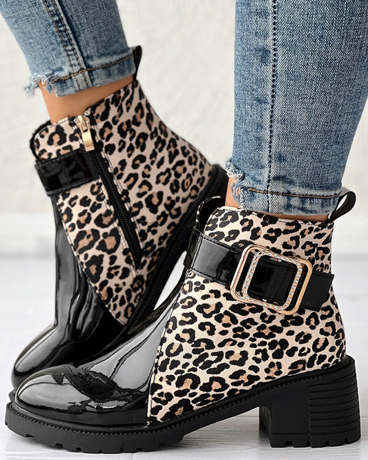Leopard Print Buckled Side Zipper Ankle Boots