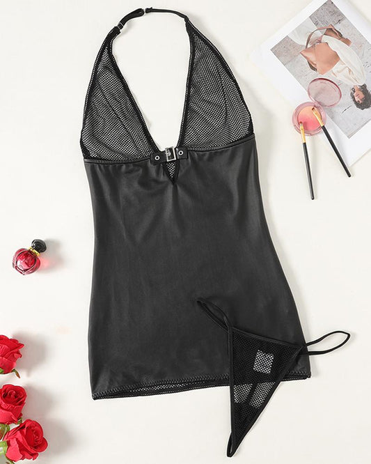 PU Leather Patch Fishnet Design Backless Babydoll