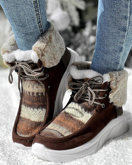 Colorblock Geometric Lace up Fuzzy Lined Ankle Boots