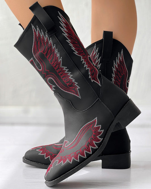 Bird Embroidery Cowgirl Chunky Heel Vintage Ankle Boots