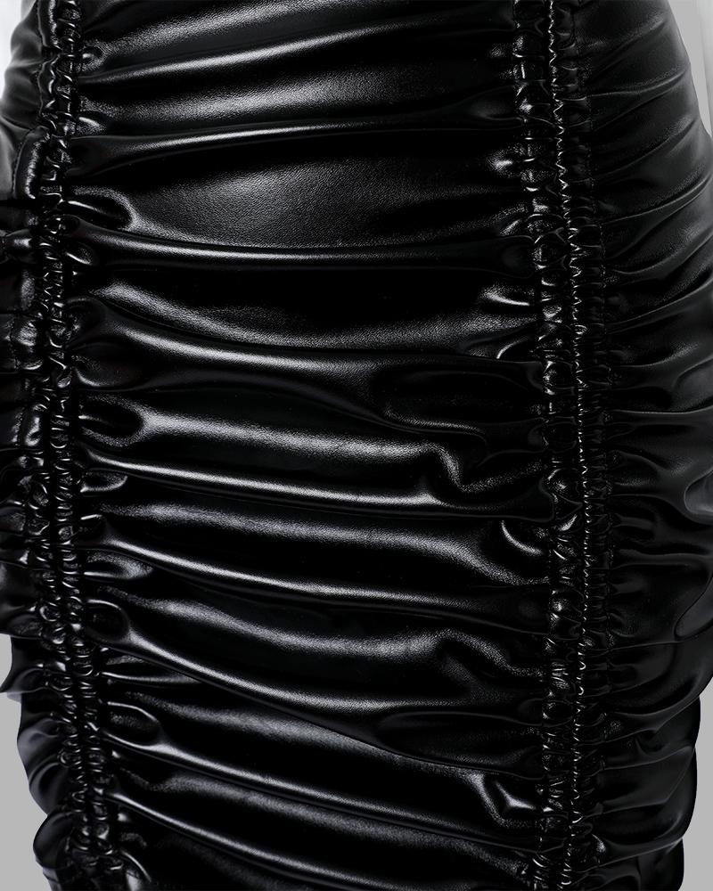 PU Leather Patch Drawstring Ruched Buttoned Bodycon Dress