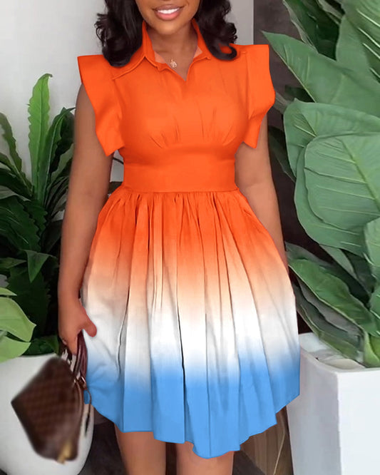 Ombre Tie Dye Print Flutter Sleeve Pleated Casual Dress