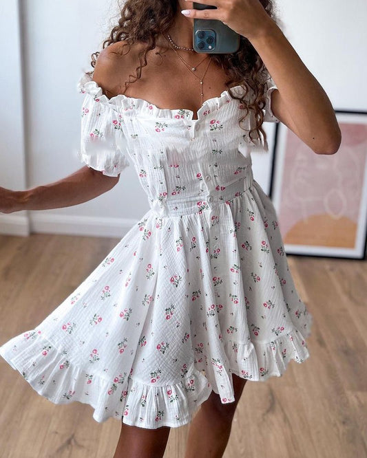 Off Shoulder Frill Hem Ditsy Floral Print Dress