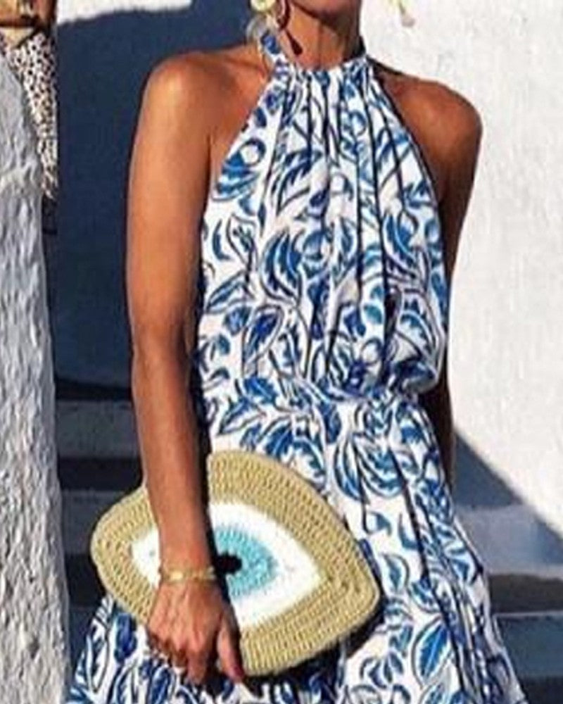 Leaf Print Crisscross Backless Halter Maxi Dress