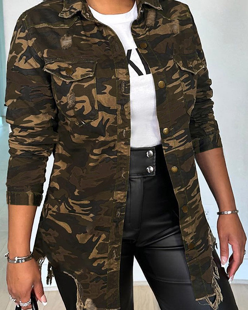 Camouflage Print Ripped Casual Jacket