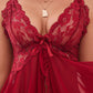 Christmas Lingerie Bowknot Decor Sheer Mesh Lace Babydoll With Thong