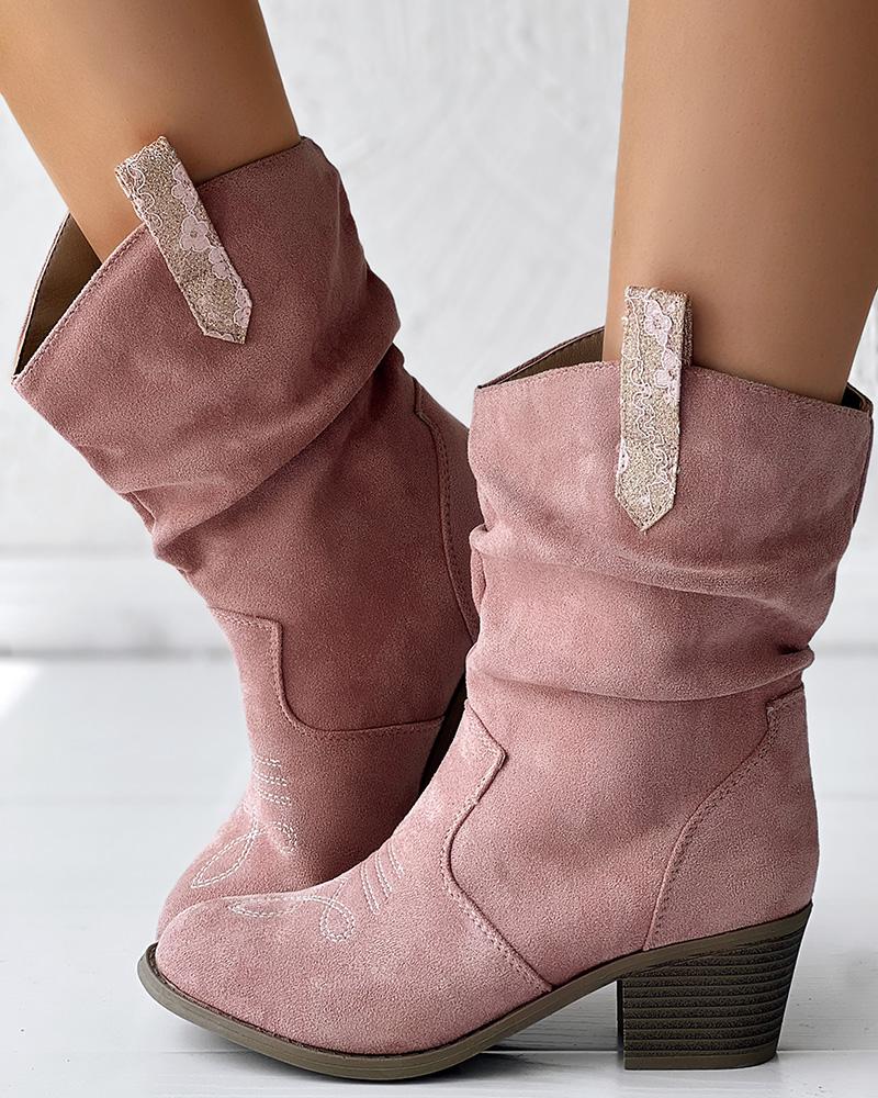 Ruched Chunky Heel Cowboy Style Vintage Ankle Boots