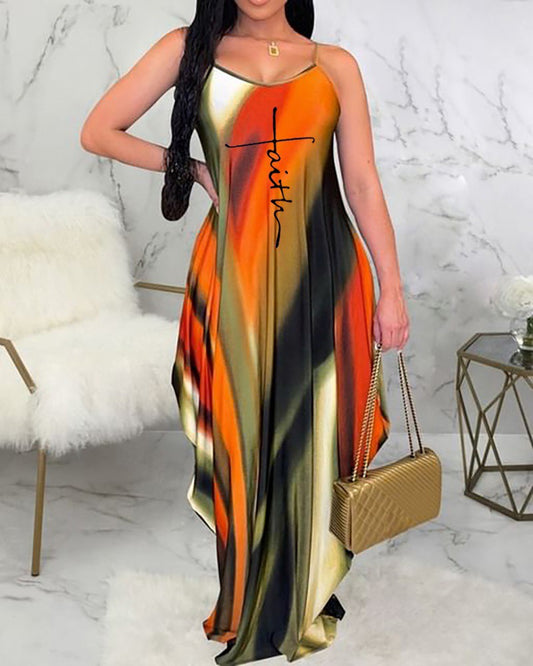 Letter Tie Dye Print Sleeveless Ruched Maxi Dress