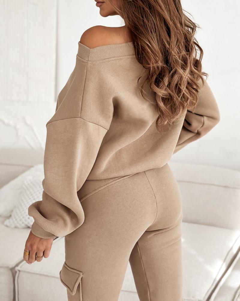 Skew Neck Sweatshirt & Cuffed Sweatpants Set