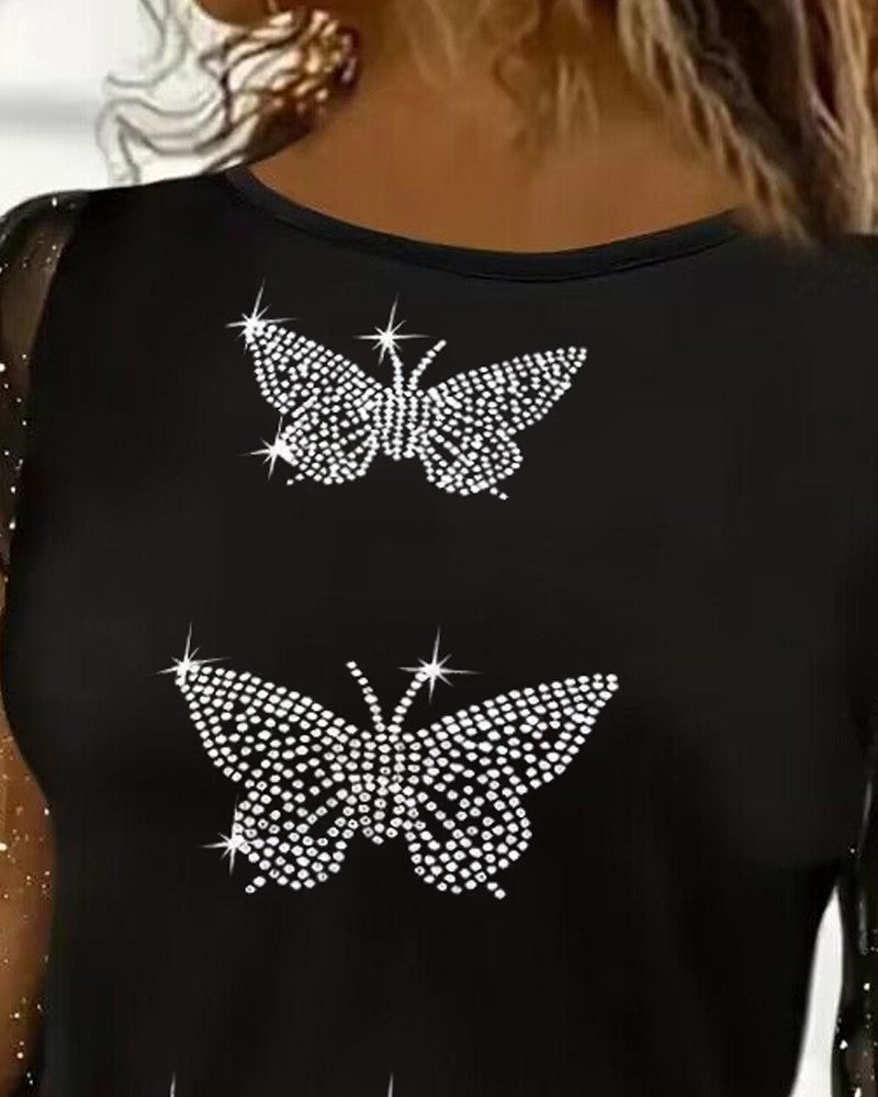 Rhinestone Butterfly Pattern Glitter Mesh Patch Top
