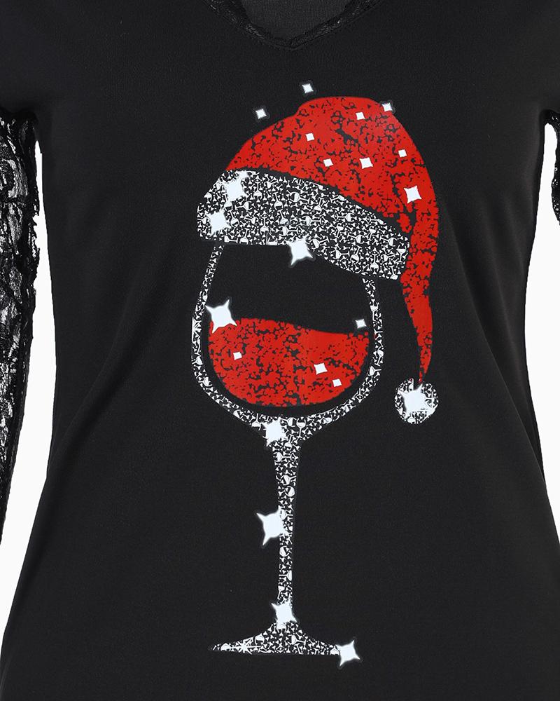 Crochet Lace Christmas Wine Glass Print Top