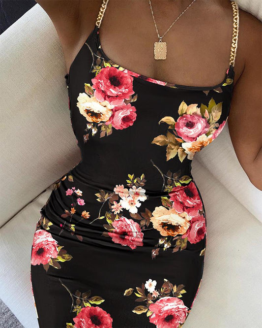 Floral Print Chain Decor Bodycon Dress
