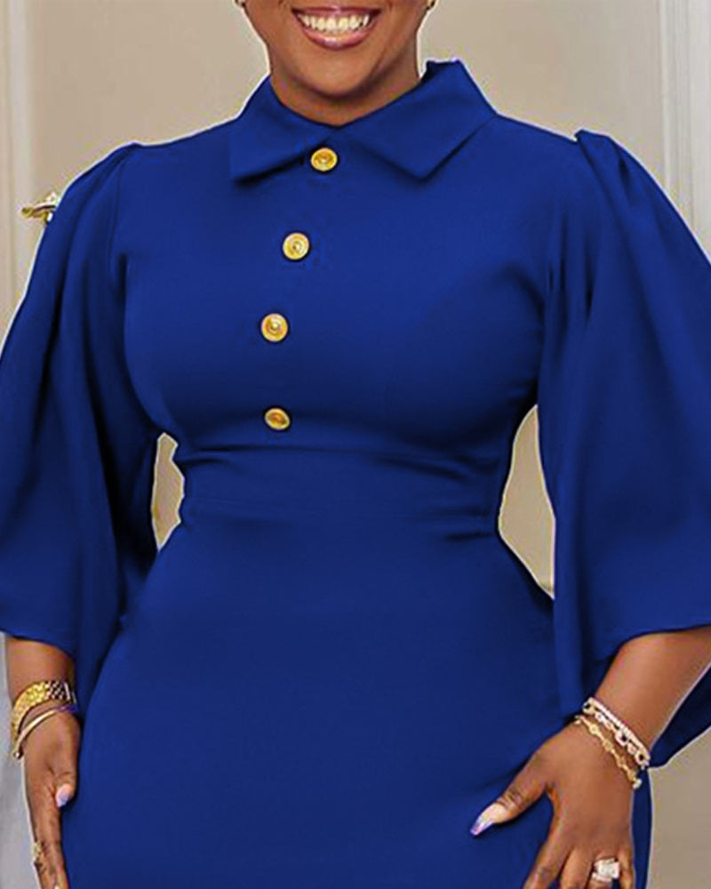 Bell Sleeve Buttoned Work Dress