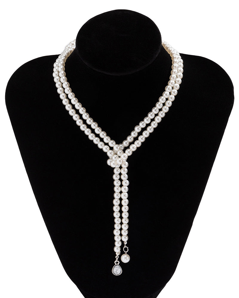 Layered Waterdrop Shaped Rhinestone Pearls Chain Necklace