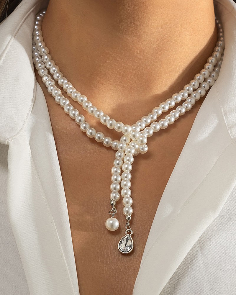 Layered Waterdrop Shaped Rhinestone Pearls Chain Necklace