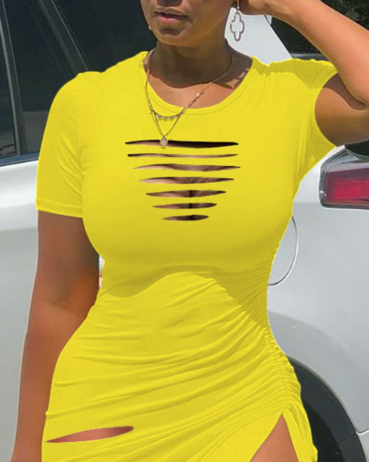 Ladder Cutout Drawstring Ruched High Slit Dress