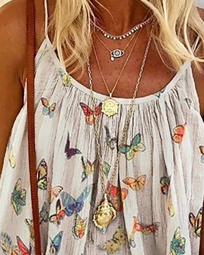 Butterfly Print Spaghetti Strap Casual Top