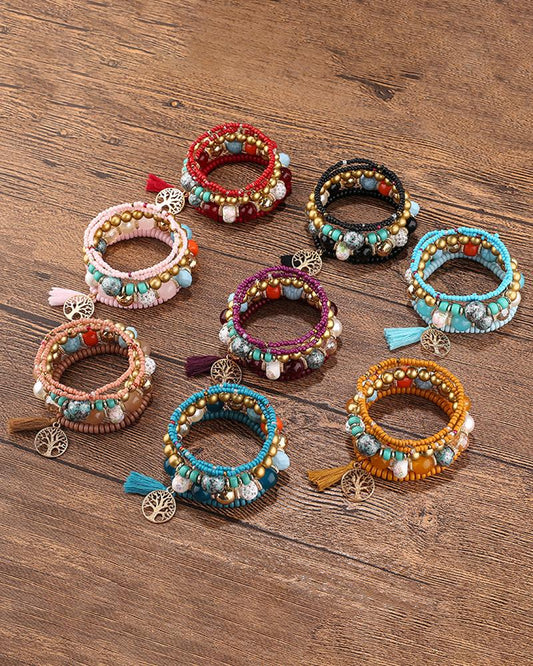 1pc Bohemian Beaded Hollow Out Geometric Tassel Multi layer Bracelet