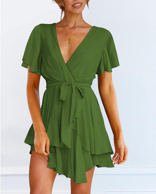 Flutter Sleeve Ruffle Hem Belted Casual Dress