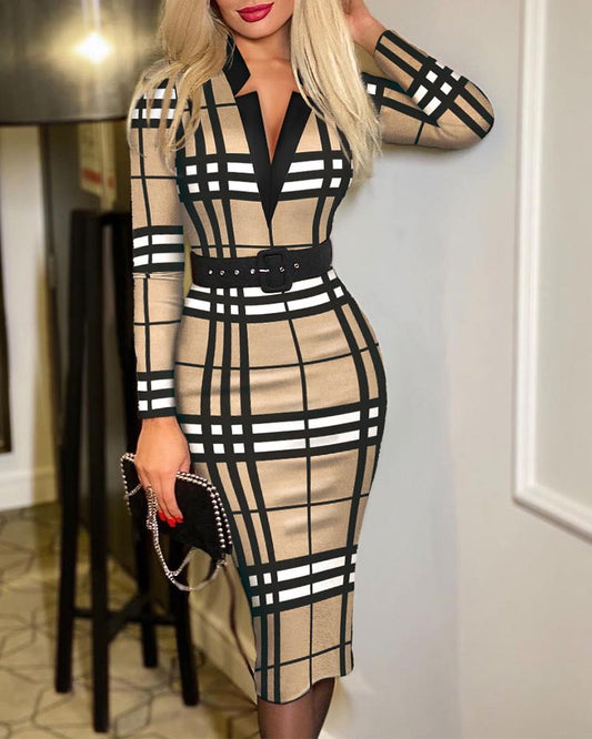 Plaid Print Long Sleeve Belted Work Dress