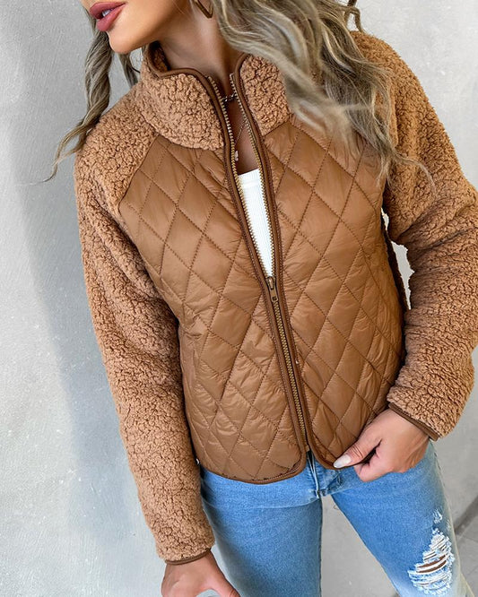 Zipper Design Patchwork Teddy Puffer Coat