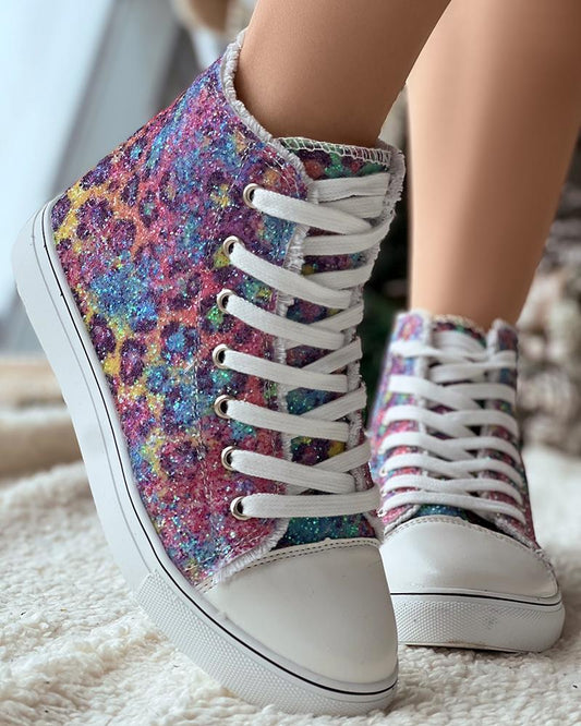 Leopard Ombre Glitter Canvas Sneakers Ankle Boots
