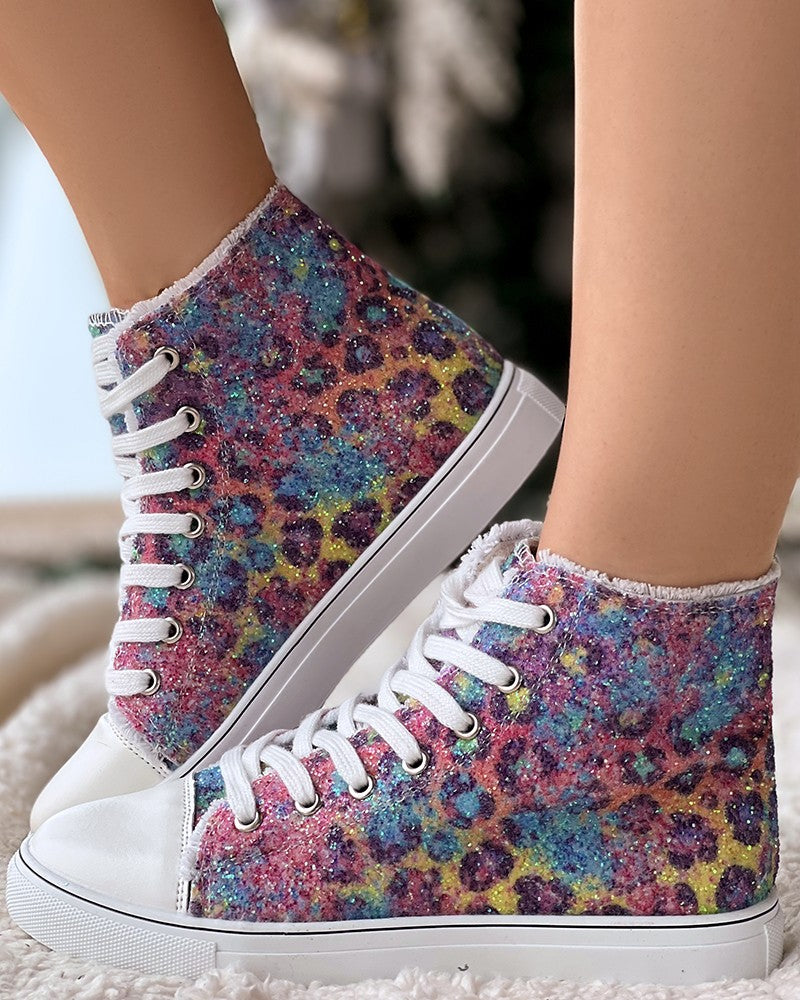 Leopard Ombre Glitter Canvas Sneakers Ankle Boots