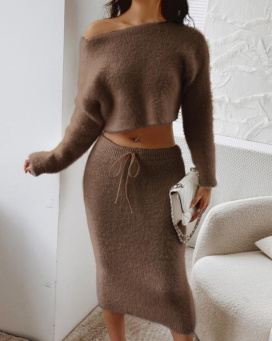 Skew Neck Fuzzy Knit Sweater & Skirt Set