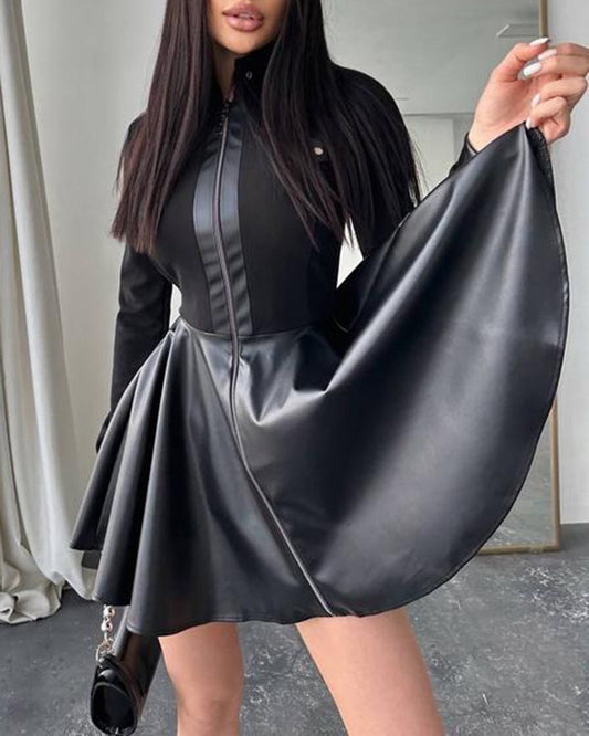 PU Leather Pocket Design Ruched Long Sleeve Dress