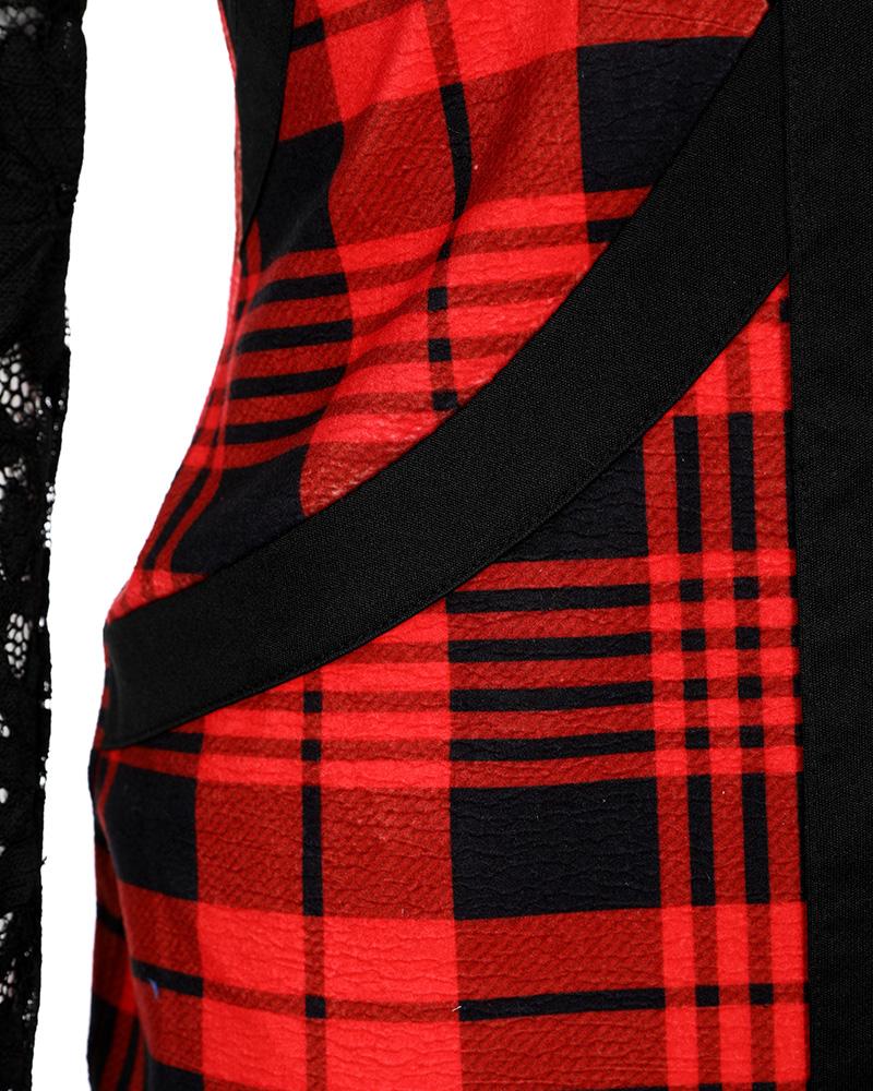 Plaid Print Contrast Lace Bodycon Dress