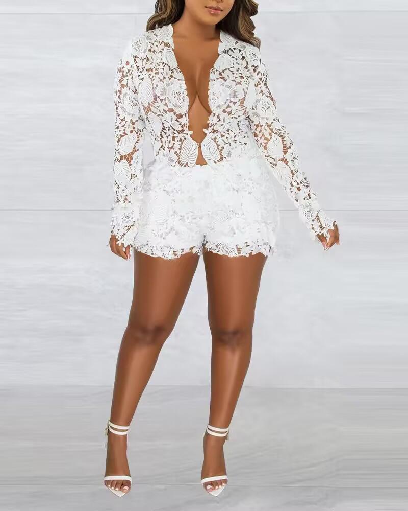 Long Sleeve Guipure Lace Top & Shorts Set