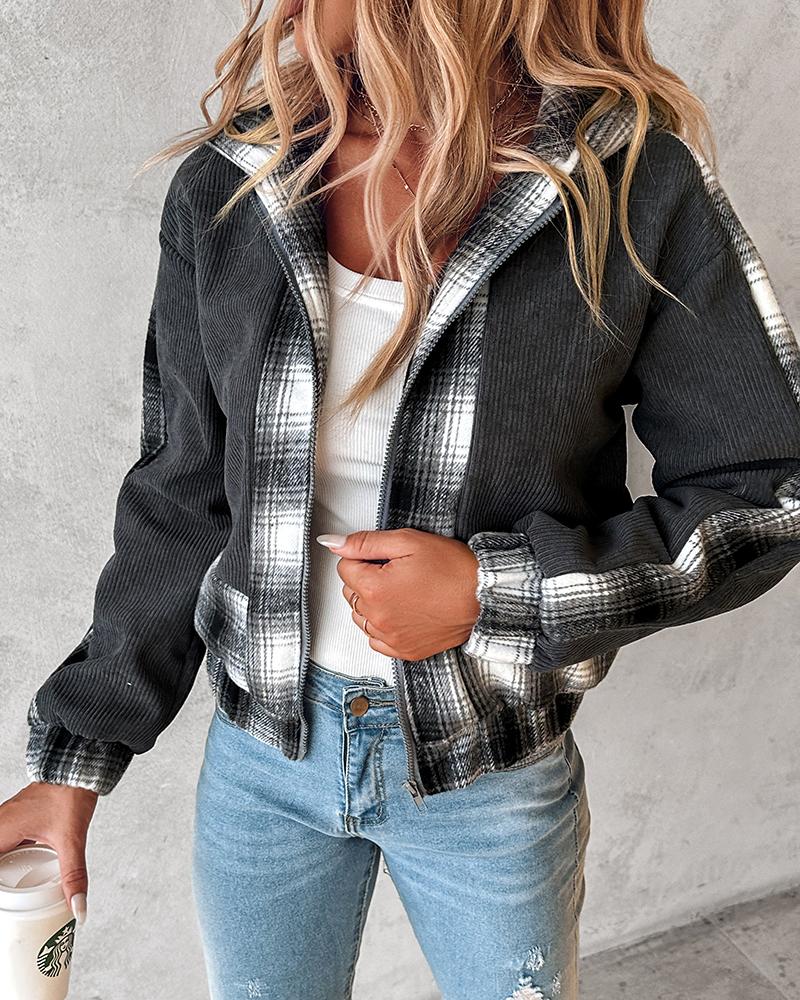 Plaid Print Patchwork Hooded Corduroy Jacket