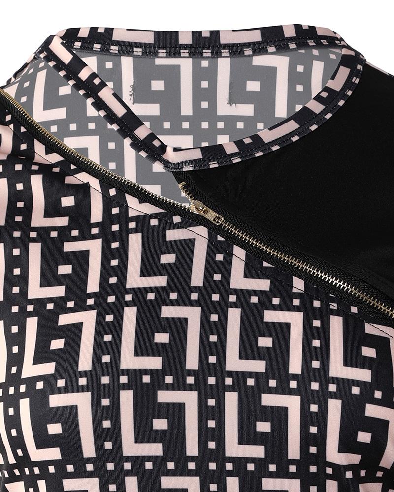 Geo Print Cutout Zip Front T shirt