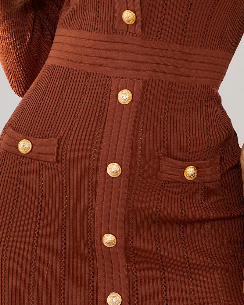 Long Sleeve Button Front Knit Work Dress