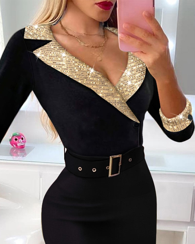 Contrast Sequin Eyelet Buckled Bodycon Dress