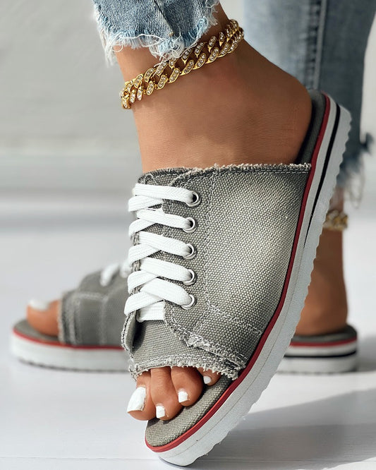 Eyelet Lace up Peep Toe Fringe Hem Slippers