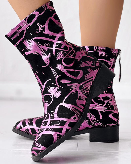 Abstract Print Chunky Heel Ankle Boots