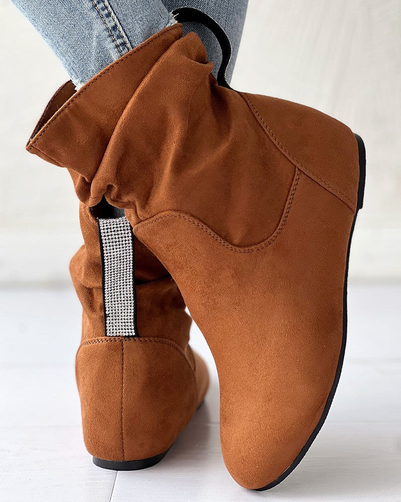 Round Toe Rhinestone Decor Ankle Boots