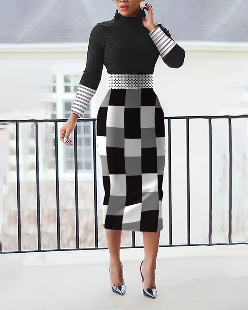 Striped Geometric Print Long Sleeve Slit Dress