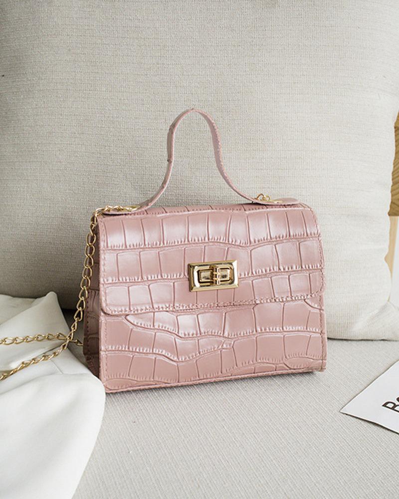 Croc Embossed Twist Lock Flap Satchel Bag