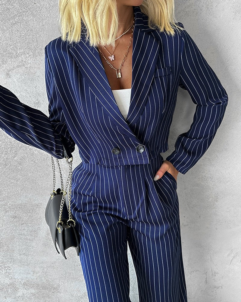 Striped Blazer Coat & Straight Leg Pants Set