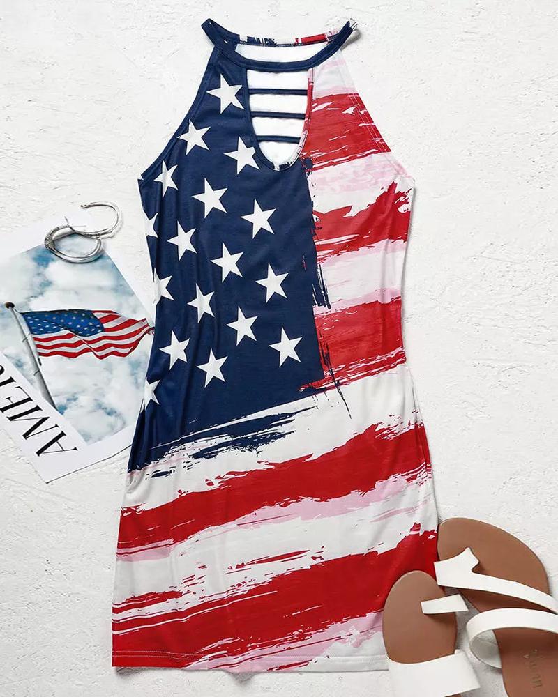 Independence Day Flag Print Ladder Cutout Casual Dress