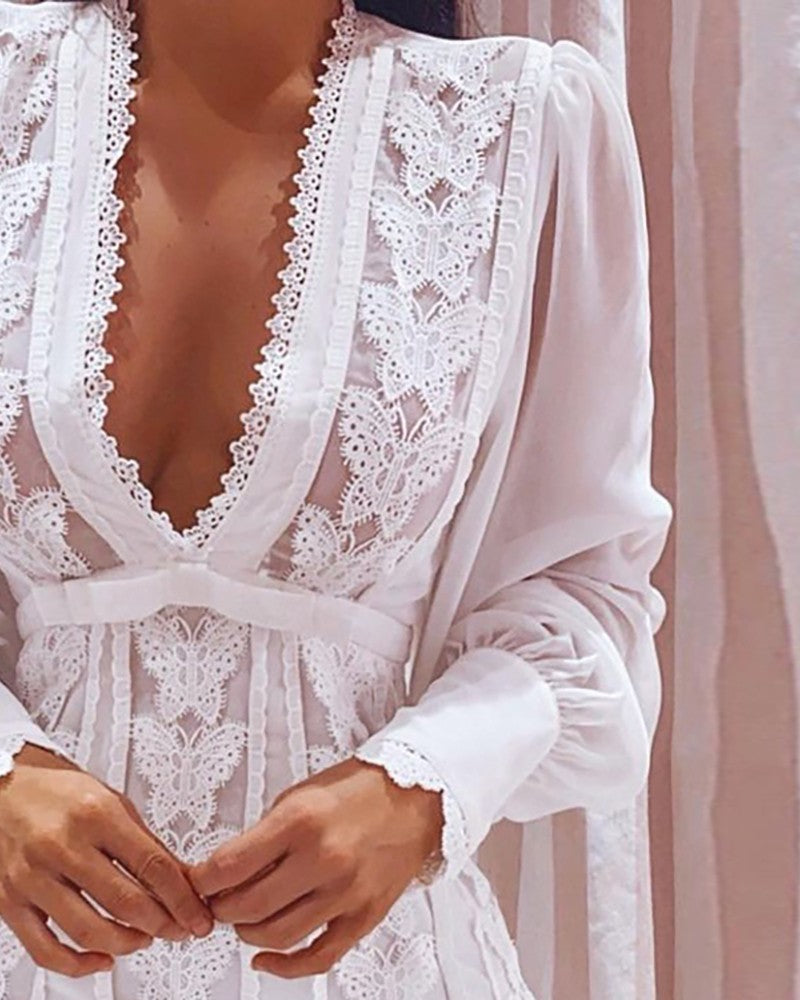 Puff Lantern Sleeve Butterfly Pattern Lace Dress