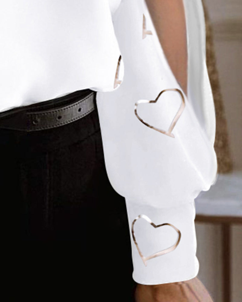 Heart Print Sheer Mesh Patch Long Sleeve Top