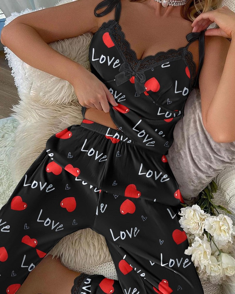 Love Heart Print Contrast Lace Cami Set