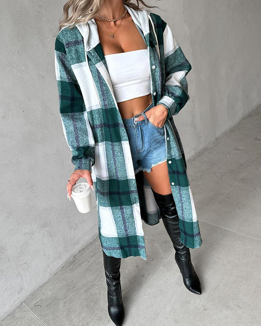 Plaid Print Drawstring Buttoned Hooded Longline Shacket