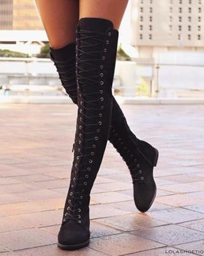 Eyelet Lace up Over The Knee Boots