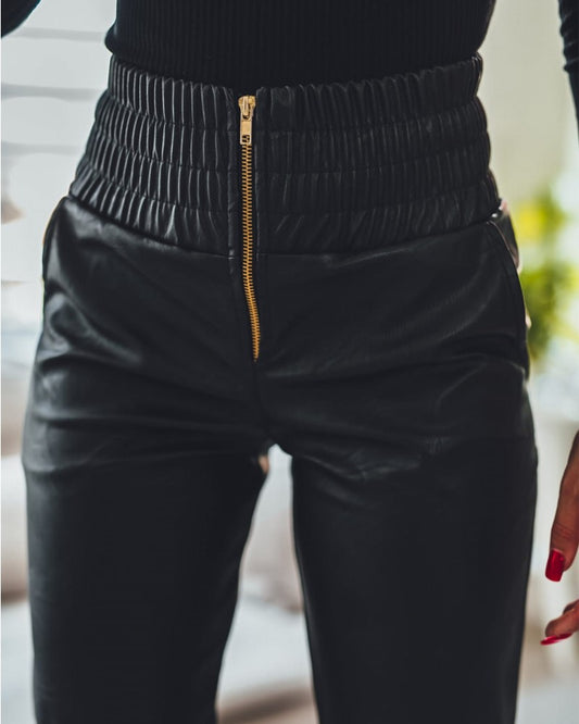 PU Leather Zipper Detail High Waist Cuffed Pants